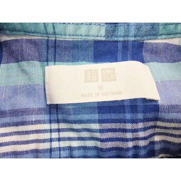 Uniqlo Size Medium Mens Blue White Check Short Sleeve Linen Cotton Blend Shirt - Picture 4 of 9